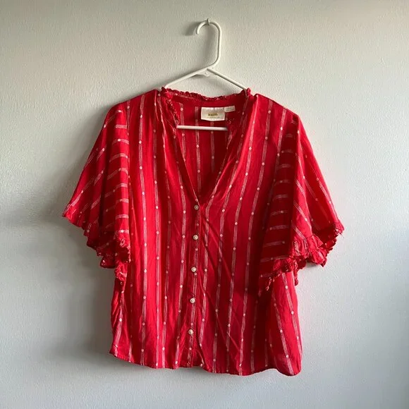 Maeve by Anthropologie Red Ruffle Wide Sleeve Top, Size Medium - Picture 2 of 6